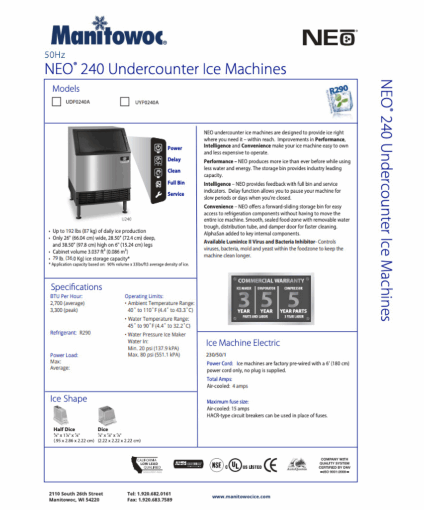 Manitowoc Neo UYP0240a spec sheet